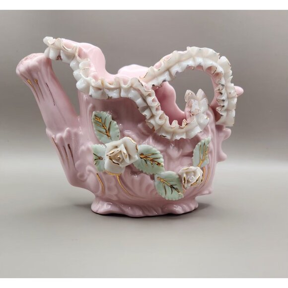 RARE - Pink China Water Pitcher - 3D Design - Floral, Leaves, Lace Stamped on Bo - Picture 2 of 7